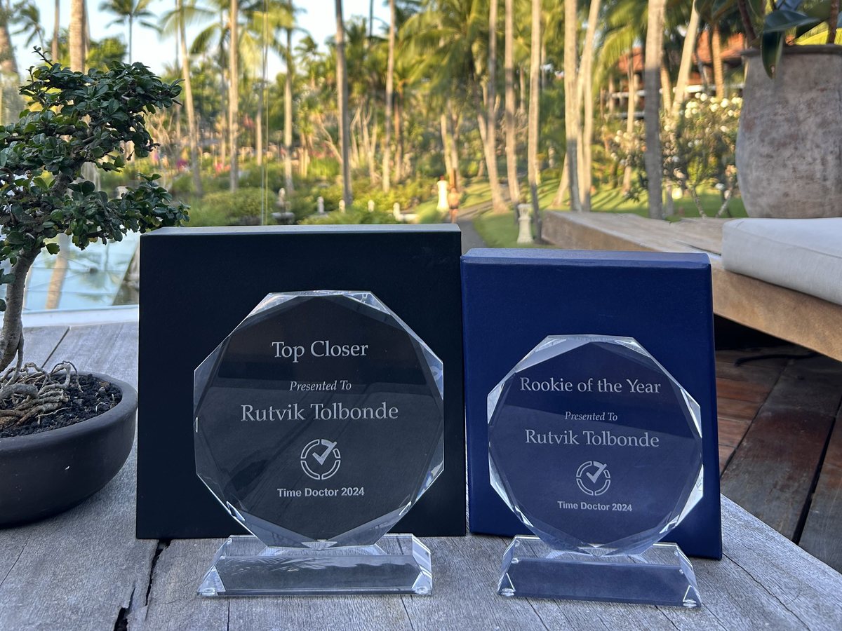 Rutvik Tolbande Top Closer and Rookie of the Year trophies, Time Doctor 2024, Bali